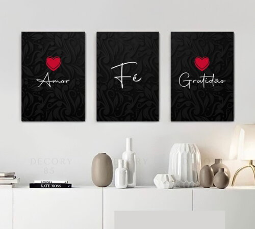 Kit Trio 3 Placas Decorativas Fé Amor Gratidão 42x60 A2