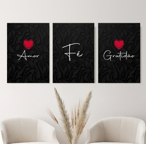 Kit Trio 3 Placas Decorativas Fé Amor Gratidão 42x60 A2