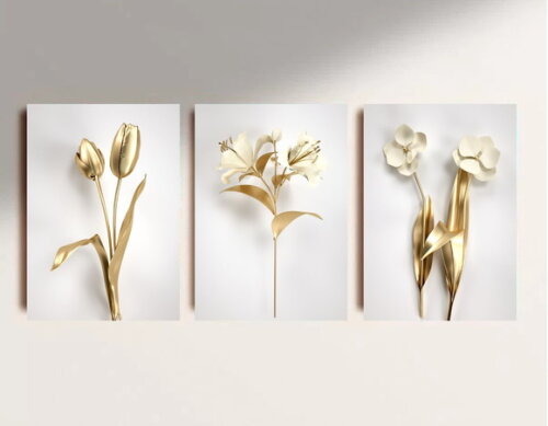 Kit Trio 3 Placas Decorativas Flores Douradas 30x42 A3
