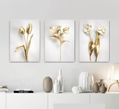 Kit Trio 3 Placas Decorativas Flores Douradas 30x42 A3