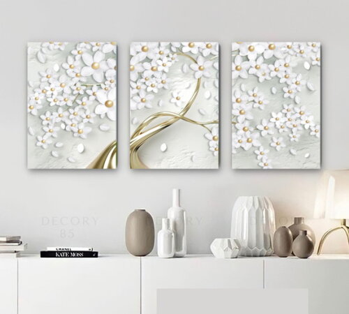 Kit Trio 3 Placas Decorativas Flores Douradas Árvore 30x42