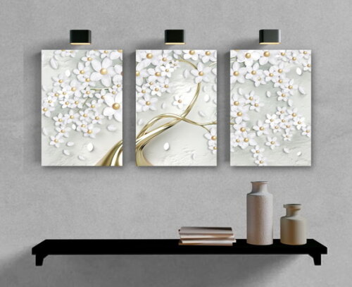 Kit Trio 3 Placas Decorativas Flores Douradas Árvore 30x42