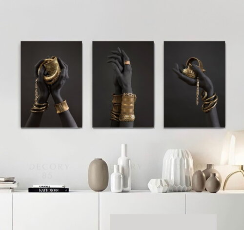 Kit Trio 3 Placas Decorativas Mãos Negras Douradas 42x60 A2