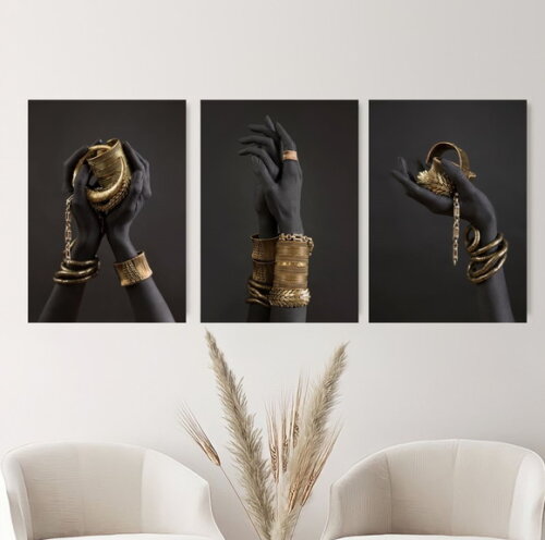 Kit Trio 3 Placas Decorativas Mãos Negras Douradas 42x60 A2