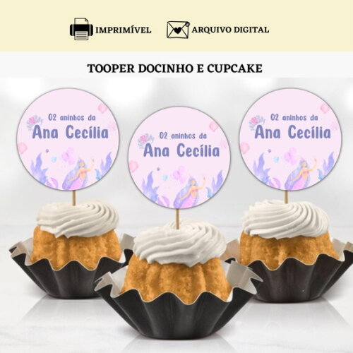 Topper Tag Docinhos Cupcakes Sereia Arte Digital