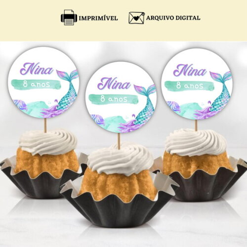 Topper Tag Docinhos Cupcakes Sereia Arte Digital
