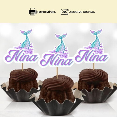 Topper Tag Docinhos Cupcakes Sereia Arte Digital