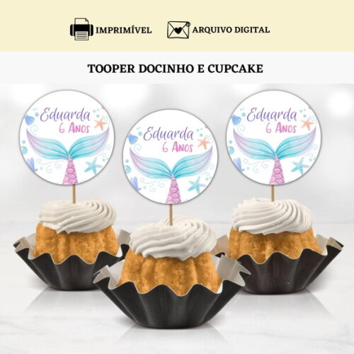 Topper Tag Docinhos Cupcakes Sereia Arte Digital