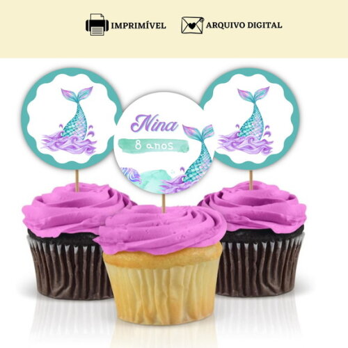 Topper Tag Docinhos Cupcakes Sereia Arte Digital Toppers