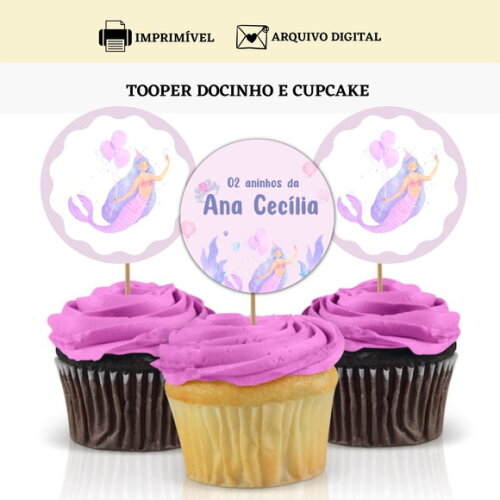 Topper Tag Docinhos Cupcakes Sereia Arte Digital Toppers