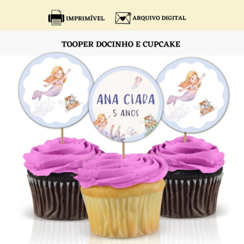 Topper Tag Docinhos Cupcakes Sereia Arte Digital Toppers