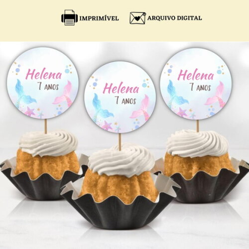 Topper Tag Docinhos Cupcakes Sereia Arte Digital