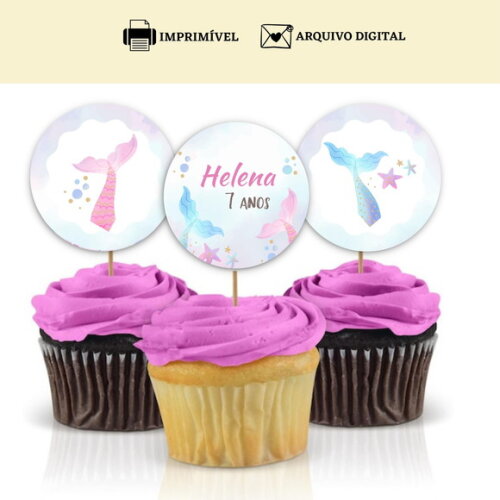 Topper Tag Docinhos Cupcakes Sereia Arte Digital Toppers