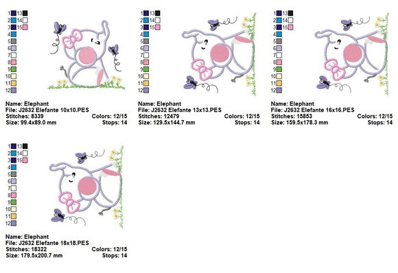 Matriz de Bordado Elefante com Laço e Borboletas Aplique