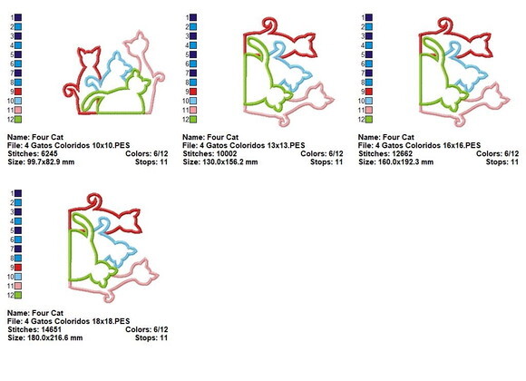 Matriz Bordado 4 Gatos Coloridos Ponto Aplique