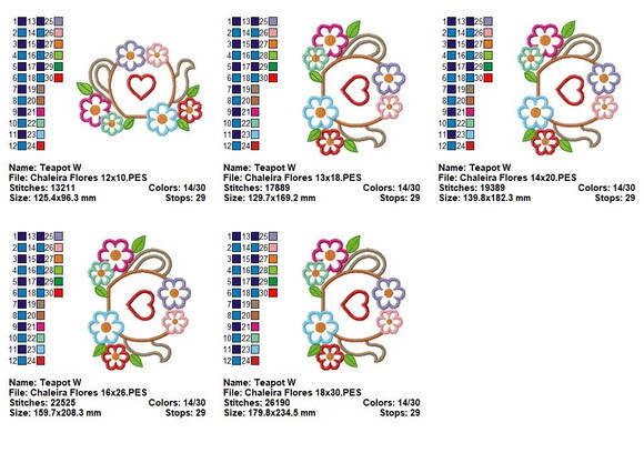 Matriz de Bordado Bule Chaleira Floral Aplique