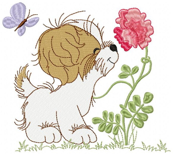 Matriz de Bordado Cachorrinho com Flor e Borboleta