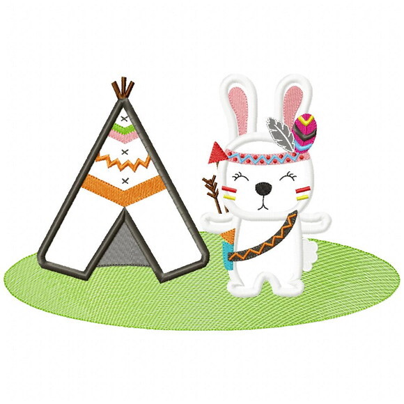 Matriz de Bordado Coelho Boho com Cabana Aplique