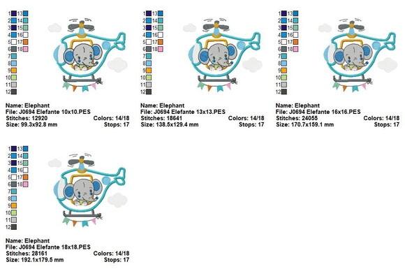 Matriz de Bordado Elefantinho no Helicóptero Aplique