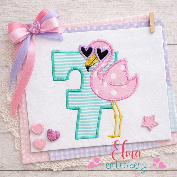 Matriz de Bordado Flamingo com Número 7 Aplique