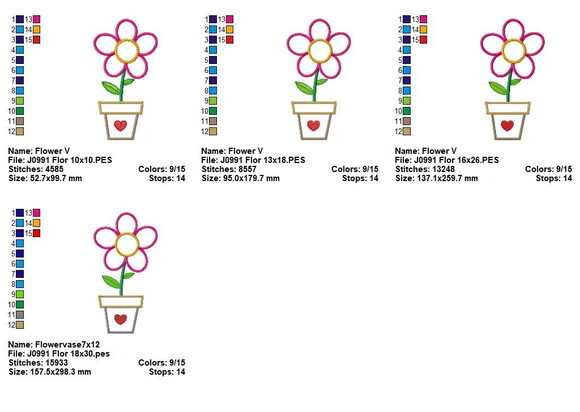 Matriz de Bordado Flor no Vaso Aplique