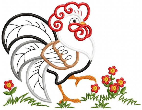 Matriz de Bordado Galo com Flores Aplique