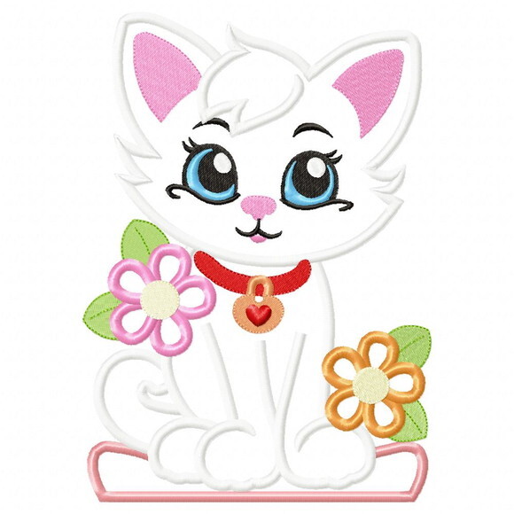 Matriz de Bordado Gatinha com Flores Aplique