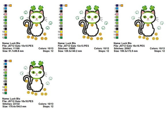 Matriz de Bordado Gatinho da Sorte com Trevos Aplique