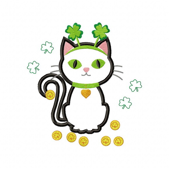 Matriz de Bordado Gatinho da Sorte com Trevos Aplique