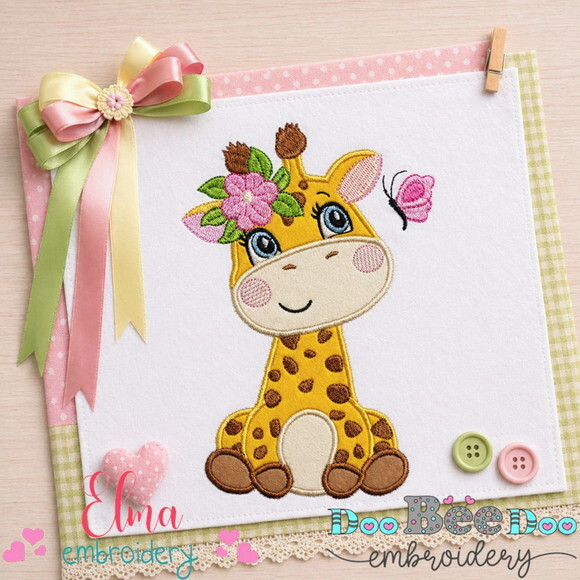Matriz de Bordado Girafa com Flores Aplique
