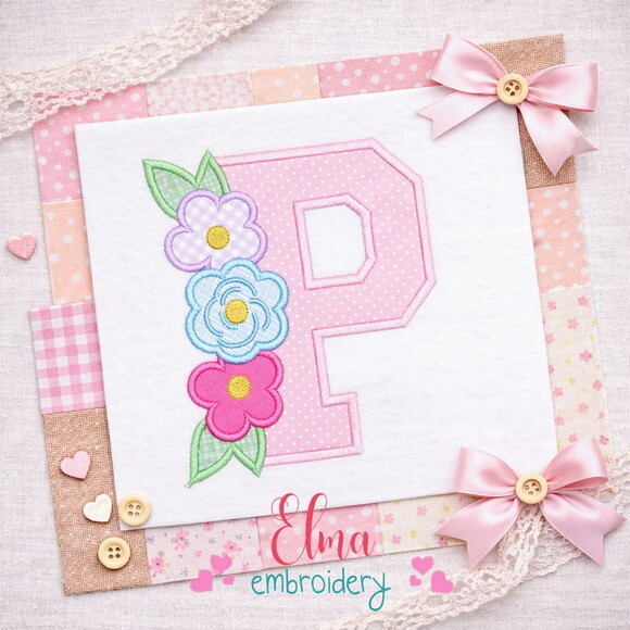 Matriz de Bordado Letra P Floral Delicada Aplique