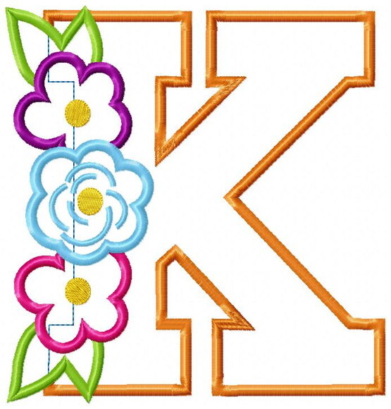 Matriz de Bordado Letra K Floral Charmosa Aplique
