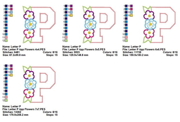 Matriz de Bordado Letra P Floral Delicada Aplique