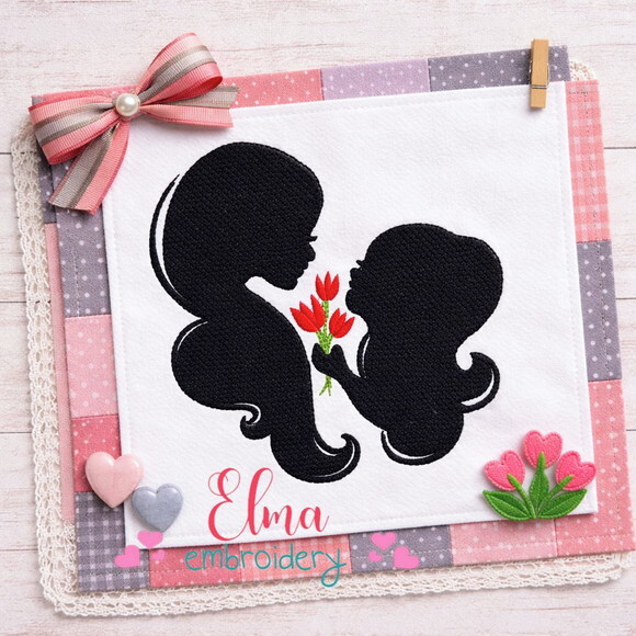 Matriz de Bordado Mãe e Filha com Flores Ponto Cheio