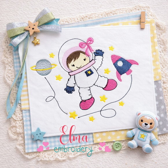 Matriz de Bordado Menina Astronauta Ponto Sketch