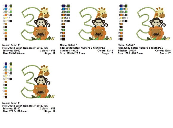 Matriz de Bordado Número 3 com Animais Safari Aplique