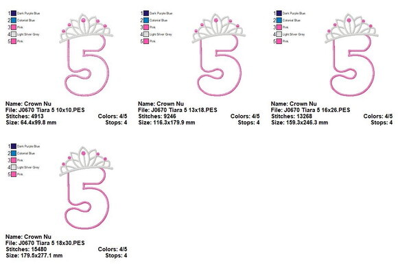 Matriz de Bordado Número 5 com Tiara Princesa Aplique