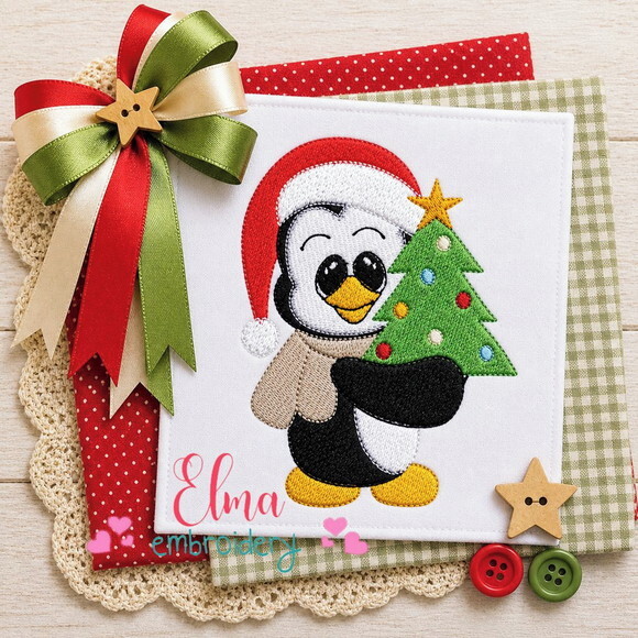 Matriz de Bordado Pinguim com Árvore de Natal