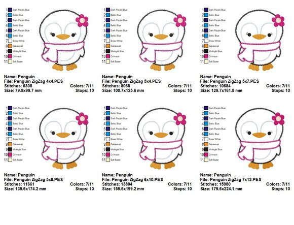 Matriz de Bordado Pinguim Menina Aplique Zig Zag