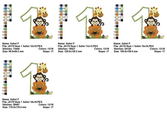 Matriz de Bordado Safari Amigos Número Um Aplique
