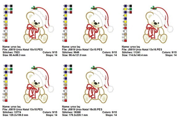 Matriz de Bordado Urso com Gorro de Natal Aplique