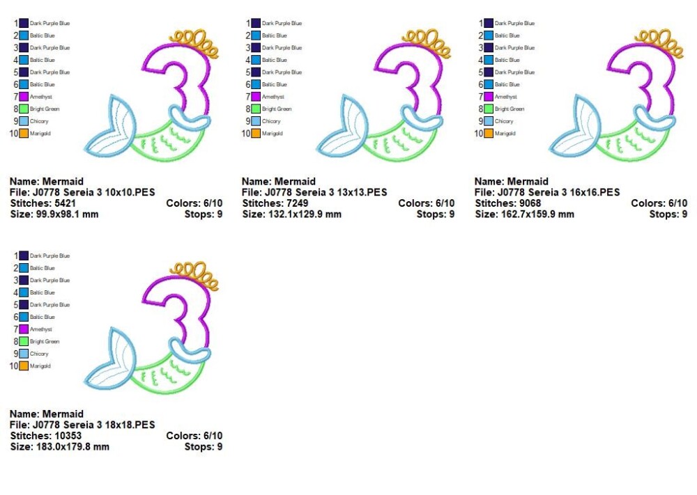 Matriz de Bordado Coleção Princesa Sereia Números de Aniversá