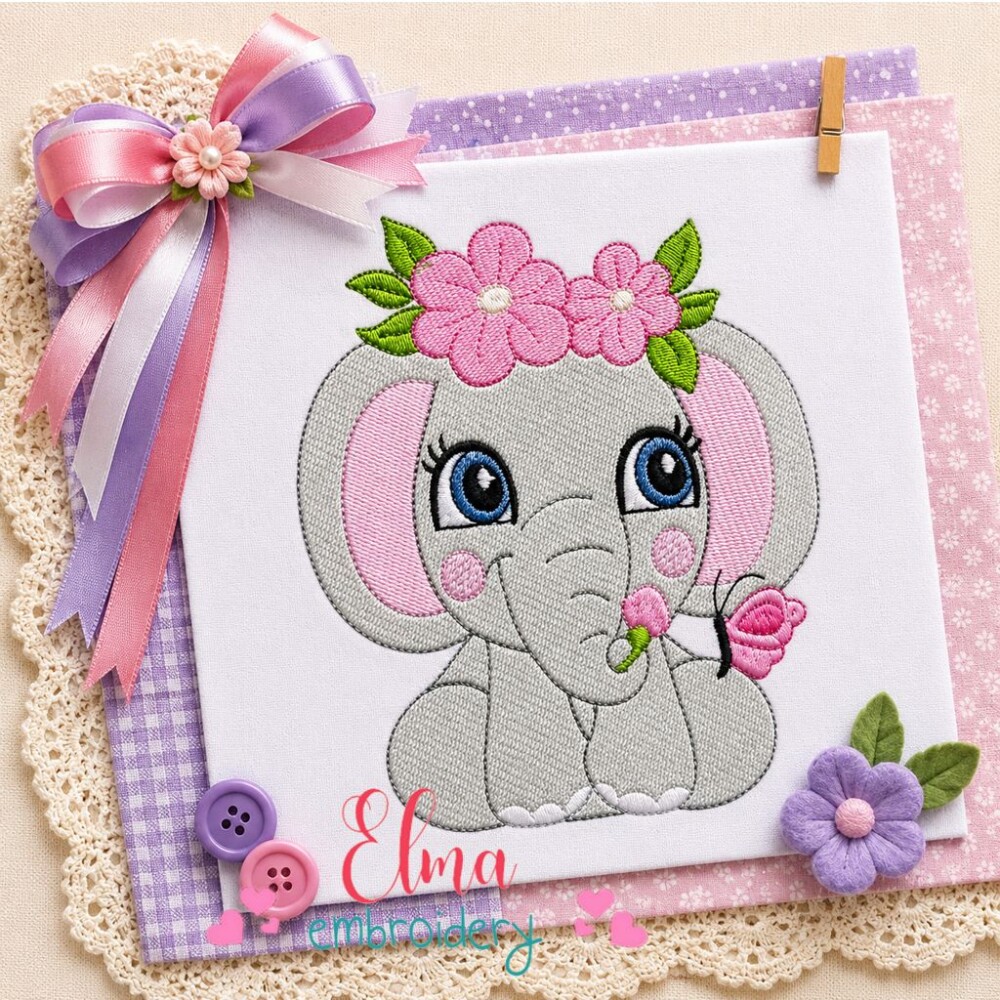 Elefante Delicado com Flores Matriz de Bordado Ponto Cheio