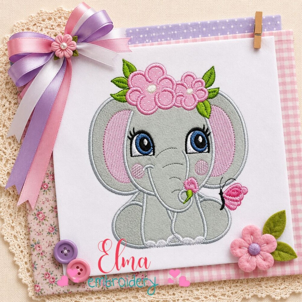 Matriz de Bordado Elefante com Coroa de Flores Aplique