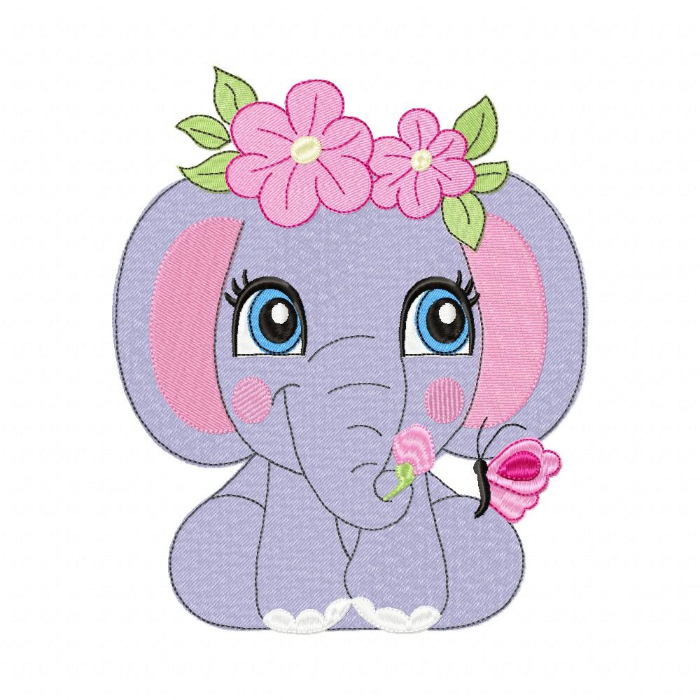 Matriz de Bordado Elefantinha Floral Aplique e Ponto Cheio