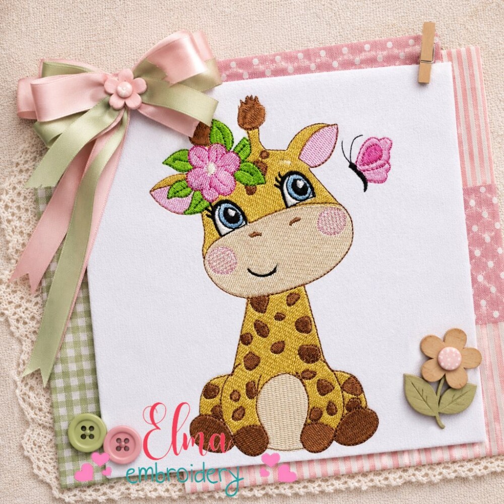Matriz de Bordado Girafa Floral Ponto Cheio