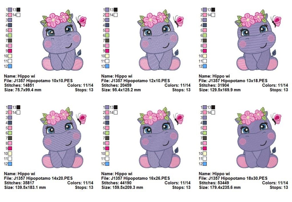 Matriz de Bordado Hipopótamo com Flores Ponto Cheio