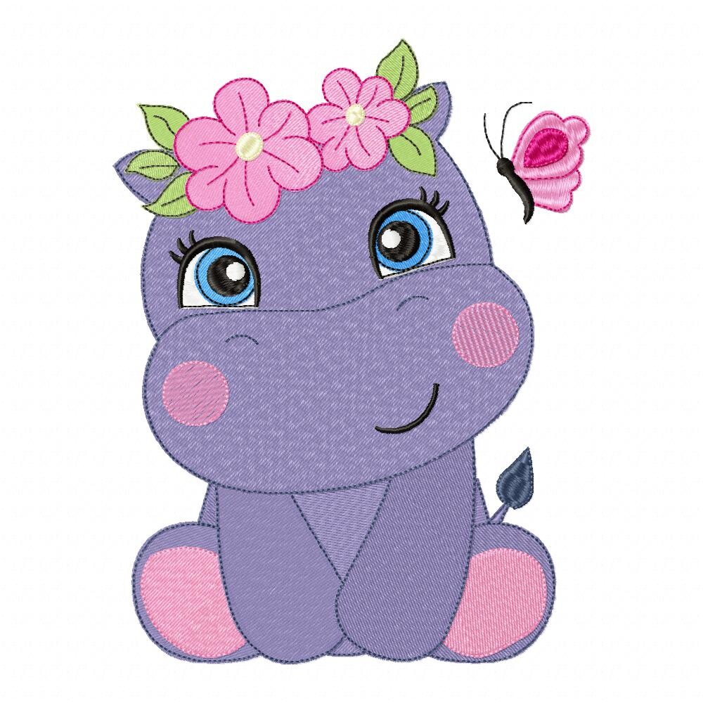 Matriz de Bordado Hipopótamo com Flores Ponto Cheio