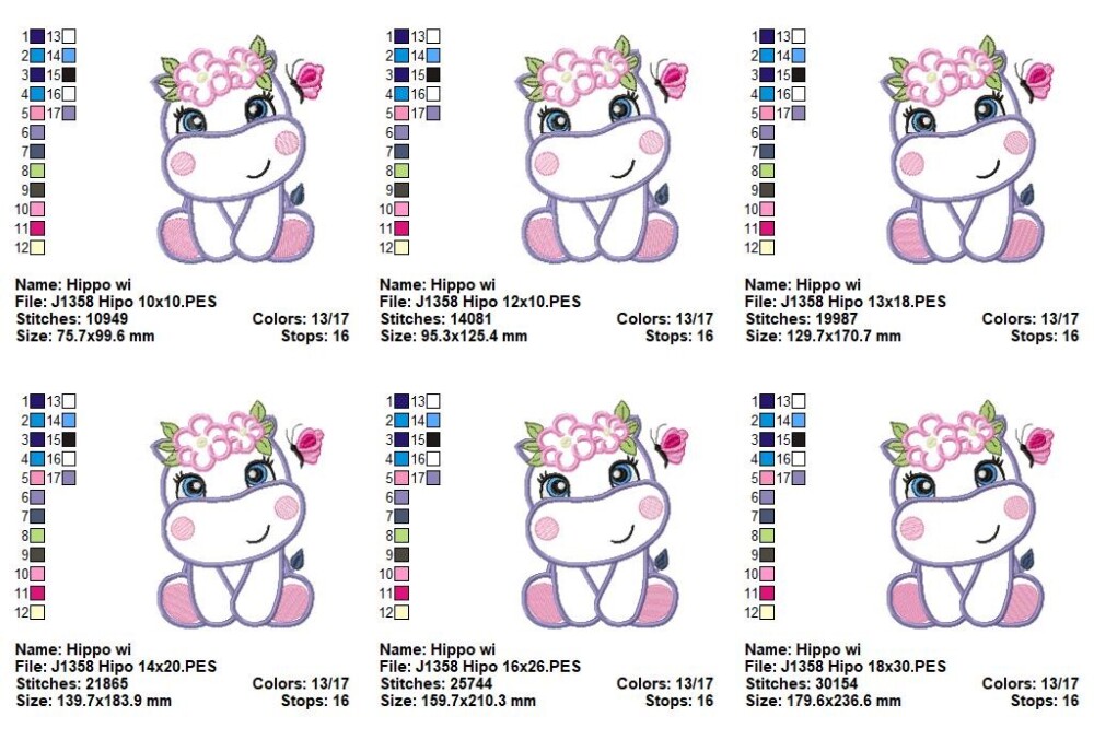 Matriz de Bordado Hipopótamo Floral Aplique