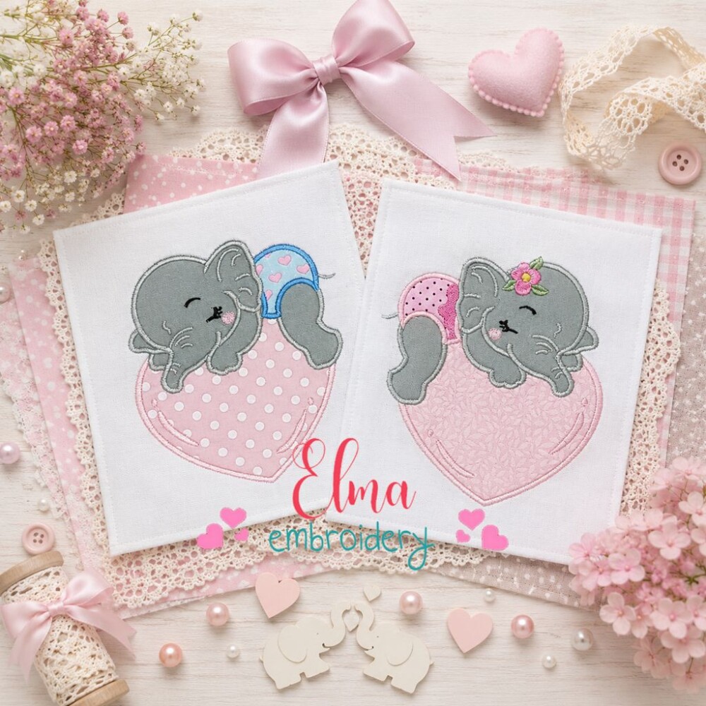 Matriz de Bordado Elefante Menino e Menina Dorminhocos no Coraç?